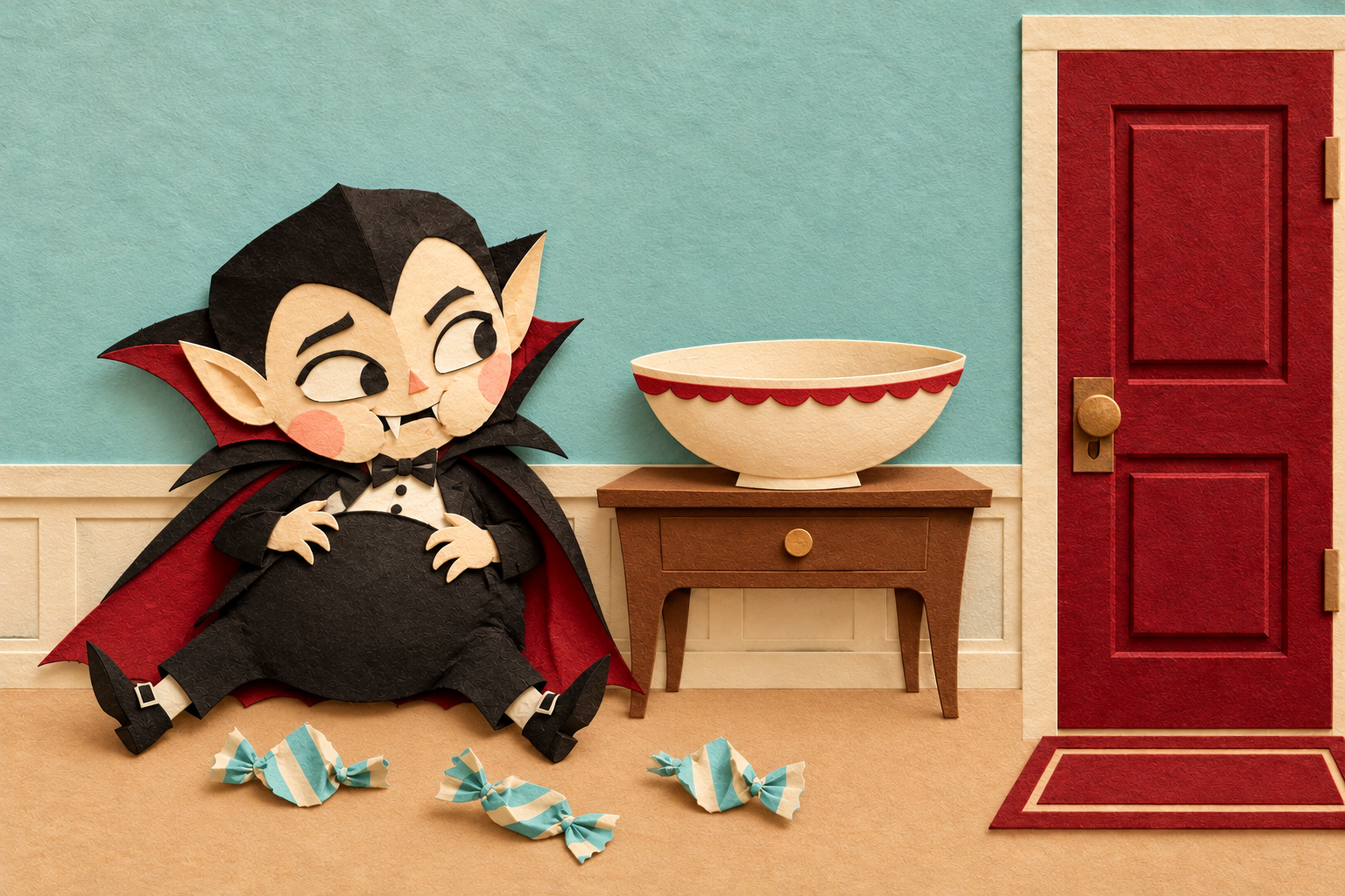 The Count sits beside an empty bowl, his belly full and wrappers on the floor