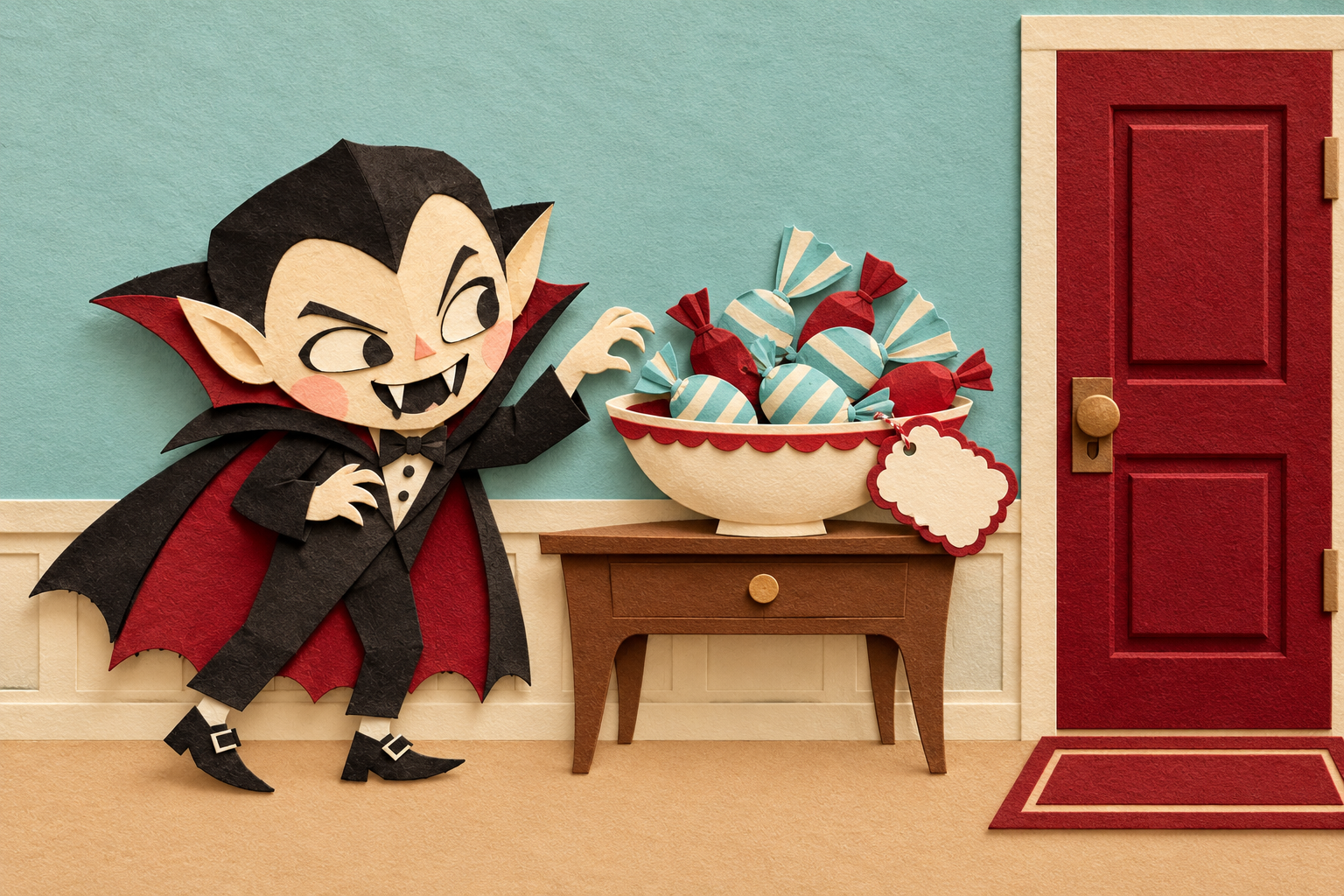 The Count reaches toward a bowl piled with Halloween candy beside his front door